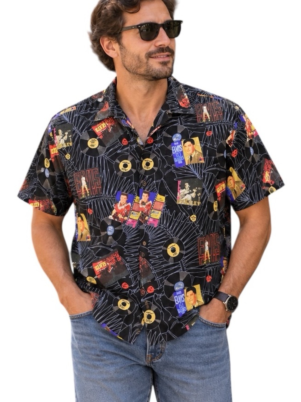Elvis Presley Album Cover Record Print Camp Shirt Cotton Rayon Short Sleeve